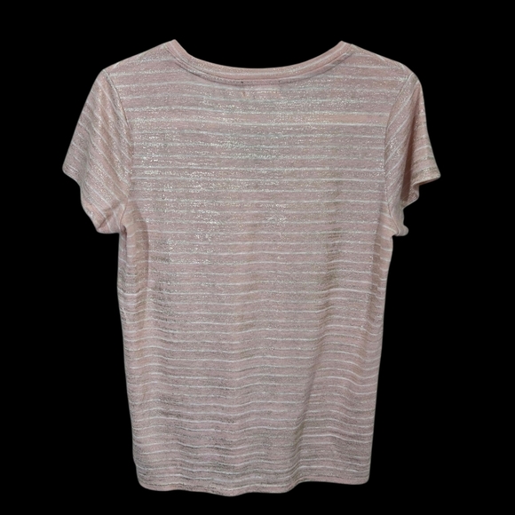 ⭐️GAP Pink Fitted Short Sleeve Tee With Gold Shimmer Linene Blend Size Small - Picture 2 of 4